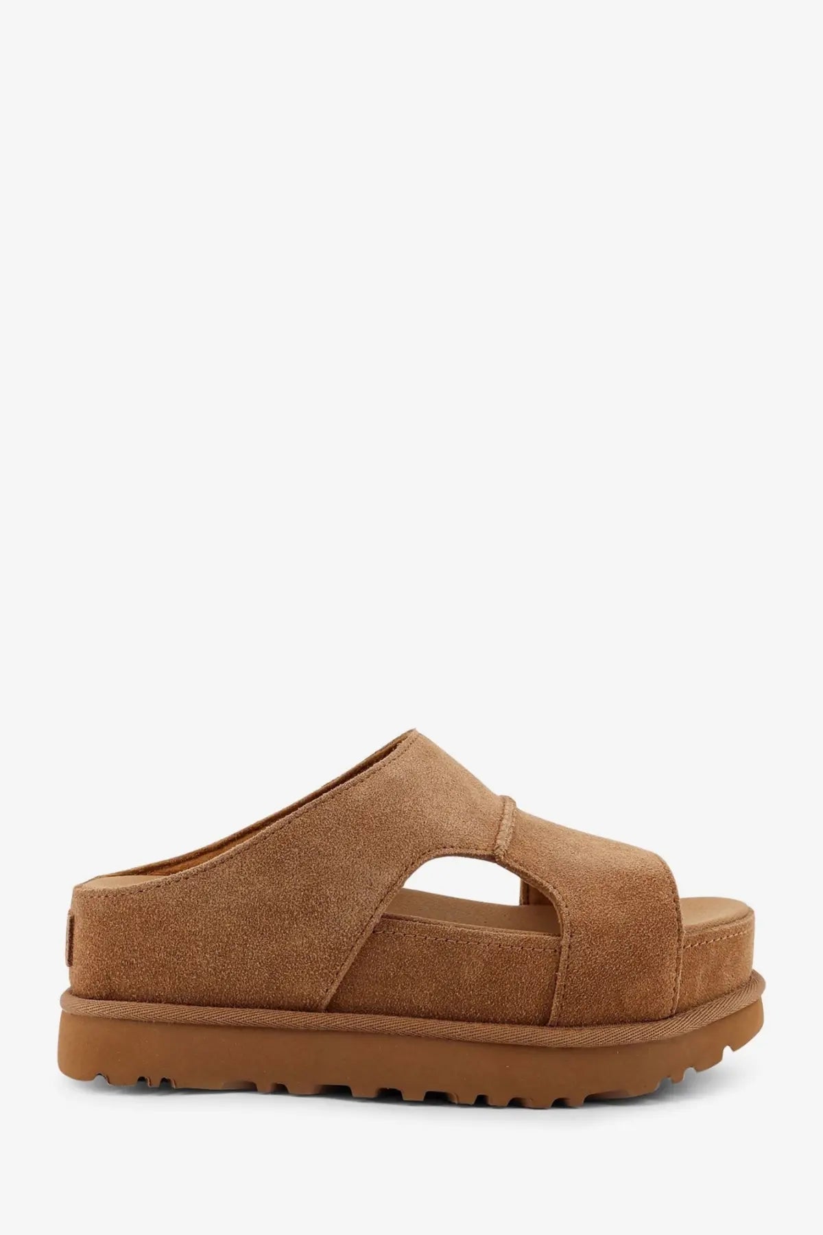 Ugg women’s goldenstar tan suede slide sandals with chunky rubber sole for casual wear