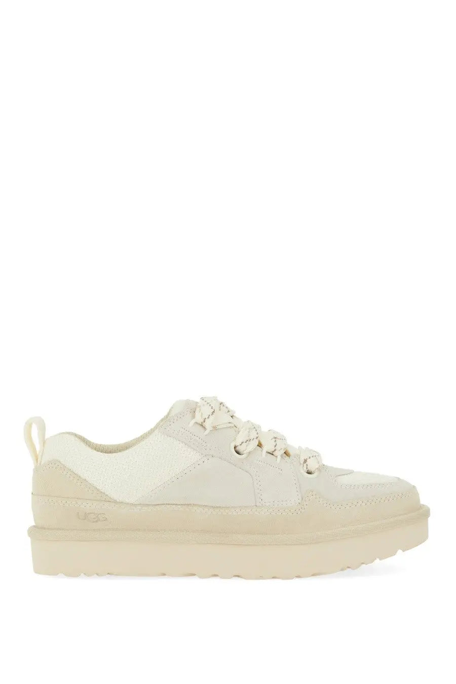 Ugg women’s lo lowmel sneaker beige cream color suede and mesh upper with chunky rubber platform sole