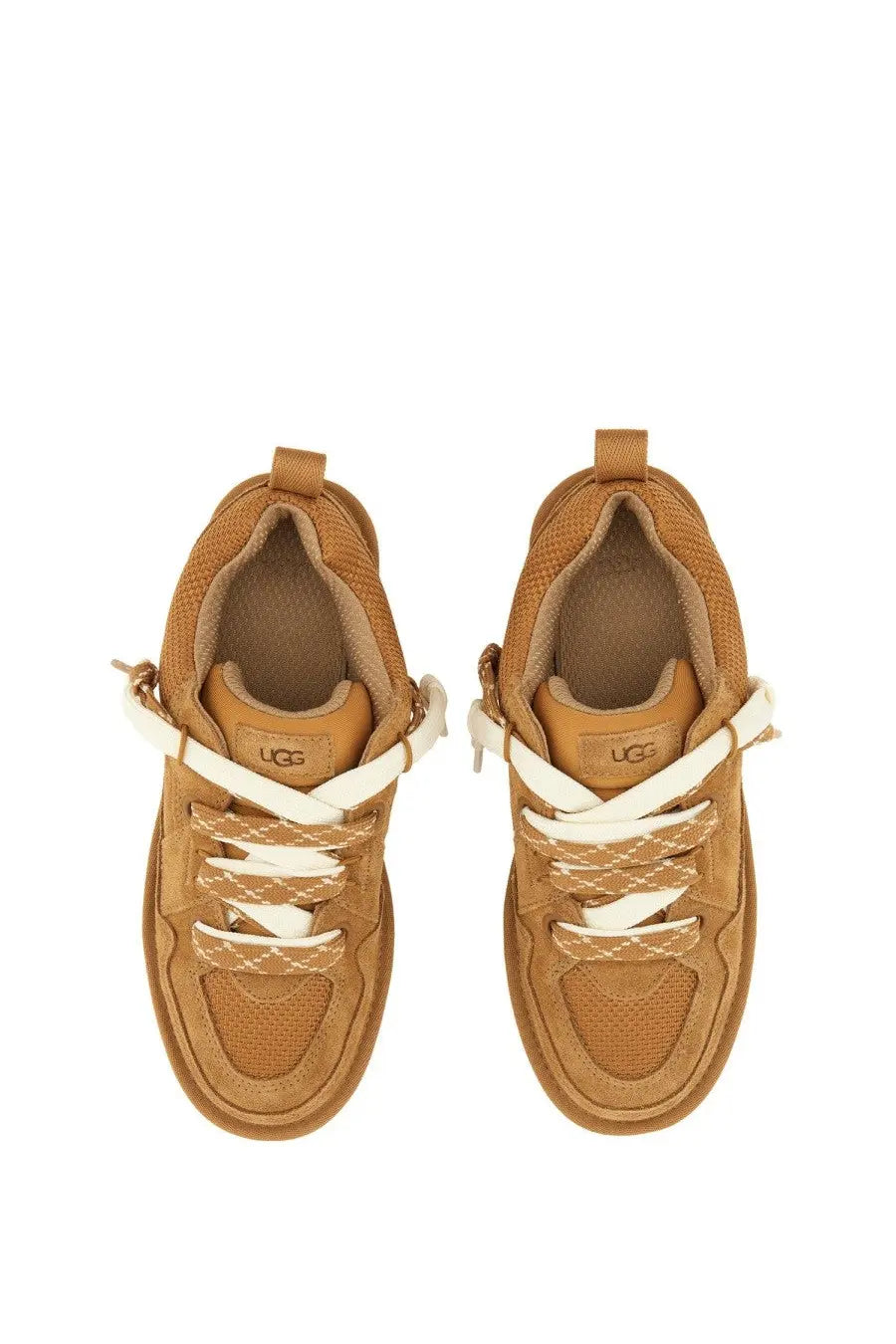 Ugg women’s lo lowmel sneaker brown with tan textured suede upper and white laces for casual wear