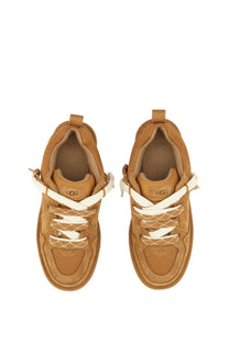 Ugg women’s lo lowmel sneaker brown with tan textured suede upper and white laces for casual wear