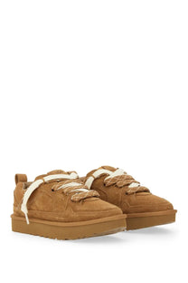 Ugg women’s lo lowmel sneaker brown in tan suede with cream laces and chunky platform sole front view