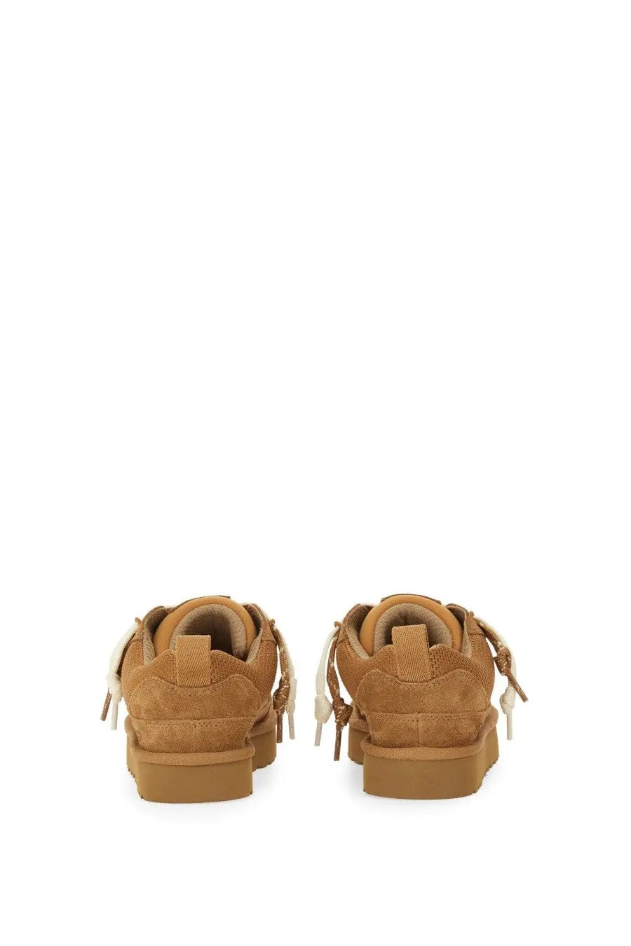 Ugg women’s lo lowmel sneaker brown tan suede with white laces and chunky rubber sole front view
