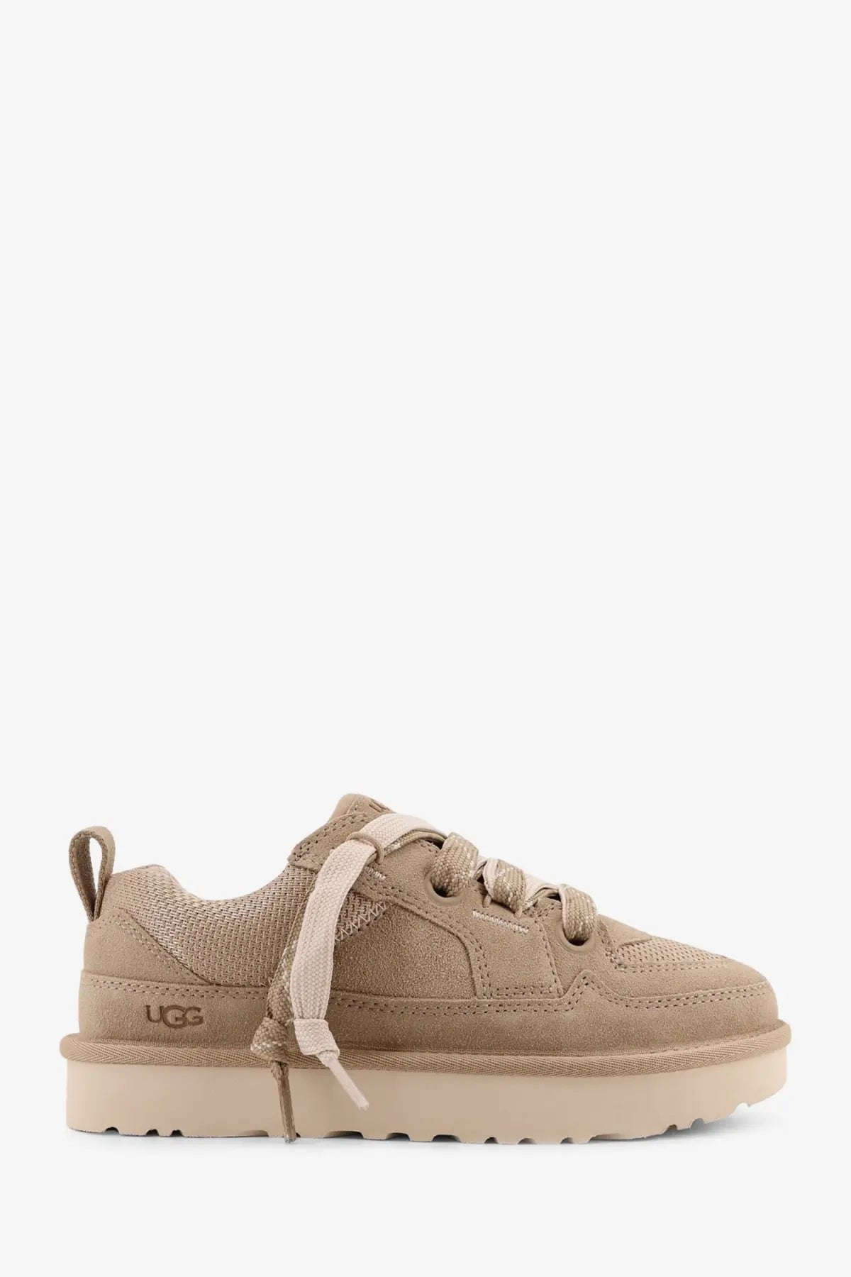 Ugg women’s lowmel beige suede and mesh platform sneaker with matching laces shown from the back side