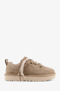 Ugg women’s lowmel beige suede and mesh platform sneaker with matching laces shown from the back side