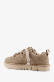 UGG women’s Lowmel beige suede platform sneaker with mesh accents and matching laces visible from the back side