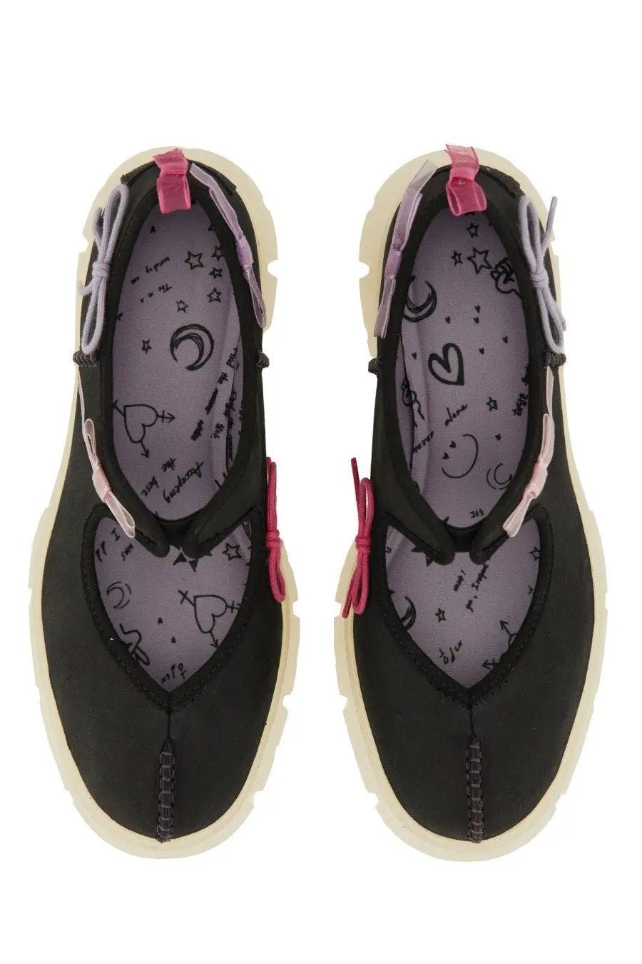 Ugg women’s Mary Jane Areum black canvas slip-on shoes with pink and lavender ribbon ties and whimsical lining