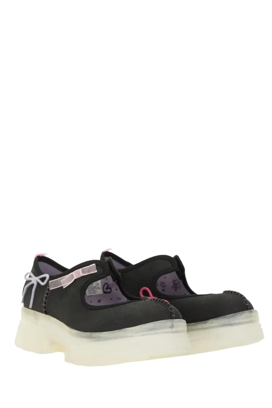 Ugg women’s mary jane areum black shoes with black platform, translucent sole, pink ribbon accents, and purple lining