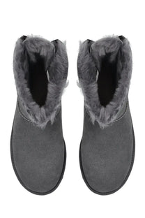 Ugg women’s mini bailey bow II gray suede ankle boots with plush gray shearling lining