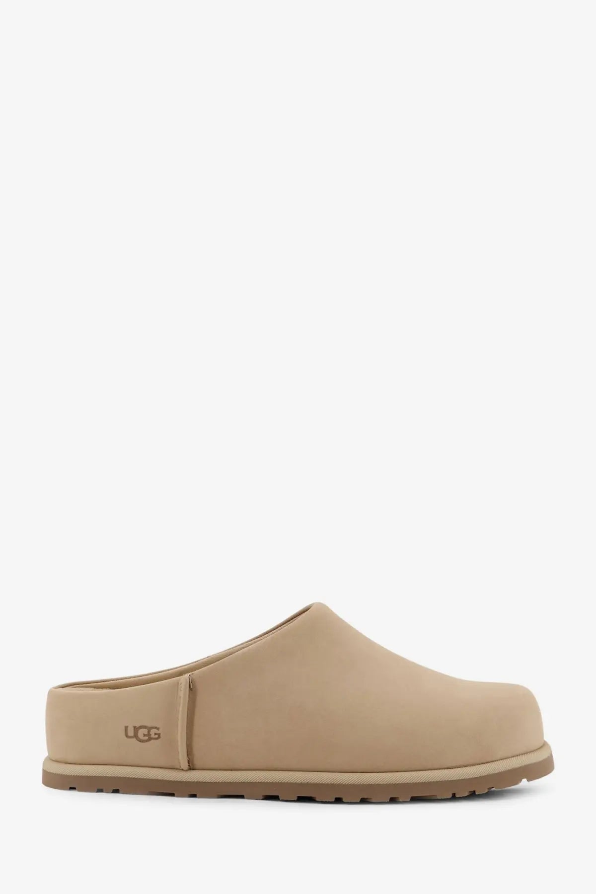 Beige ugg women’s nubuck sandals with a soft leather upper and durable rubber sole for comfortable wear
