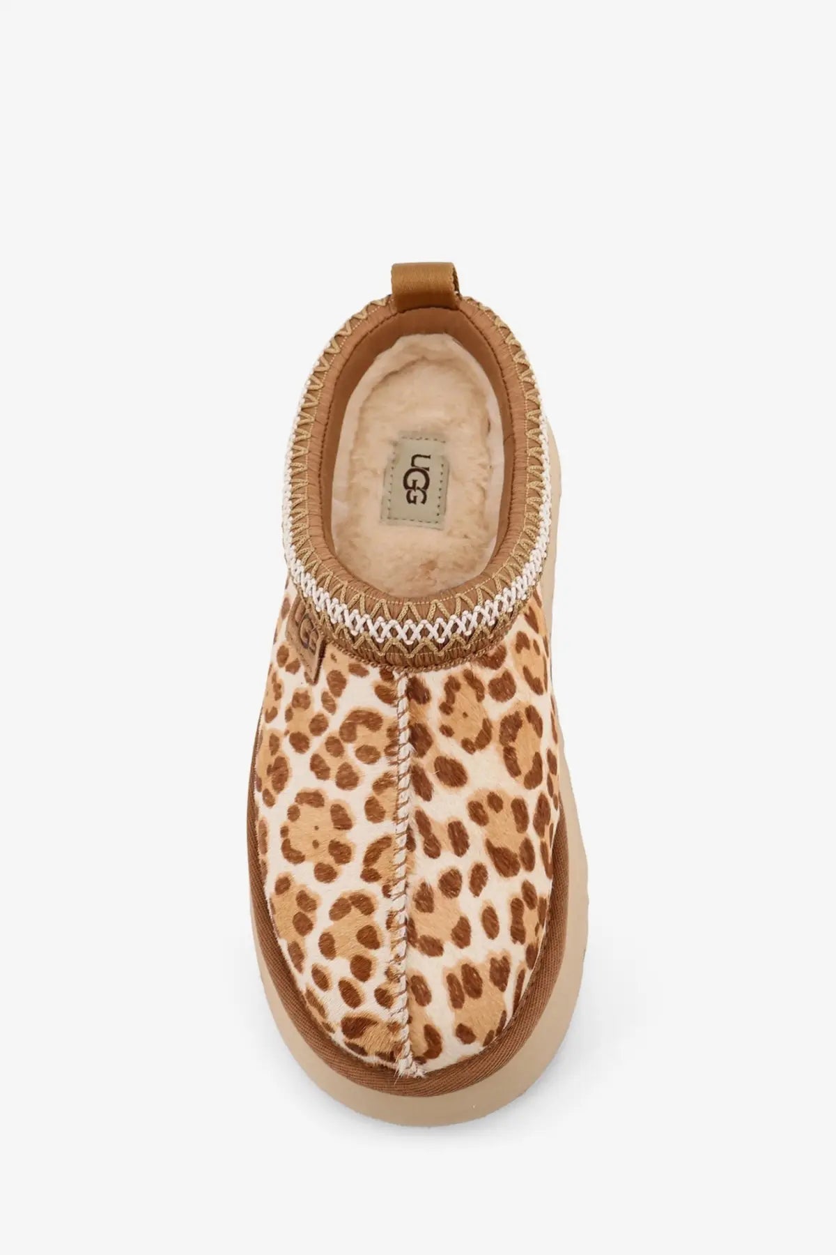 Ugg women’s pony skin tazz sandals featuring leopard-print ugg slip-on mule with tan suede trim and plush interior