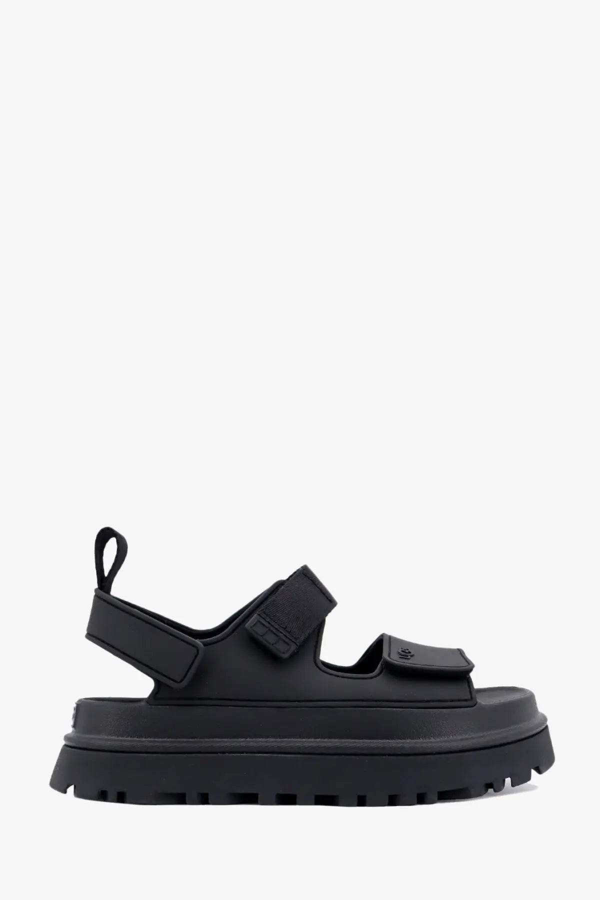 Ugg women’s black rubber platform sandal with thick sole and adjustable velcro straps for casual wear