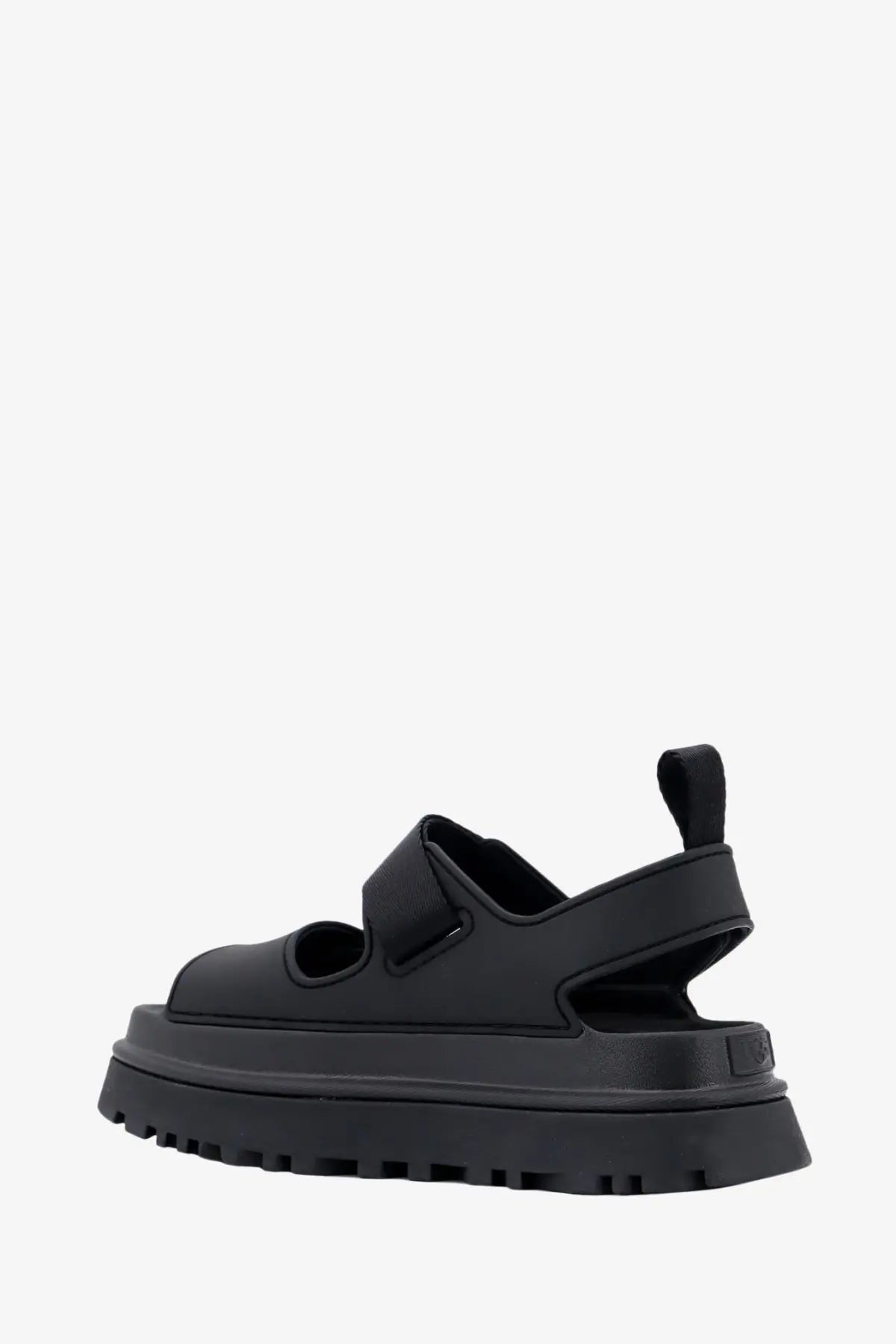 UGG women’s black rubber platform sandal with thick textured sole and adjustable strap design