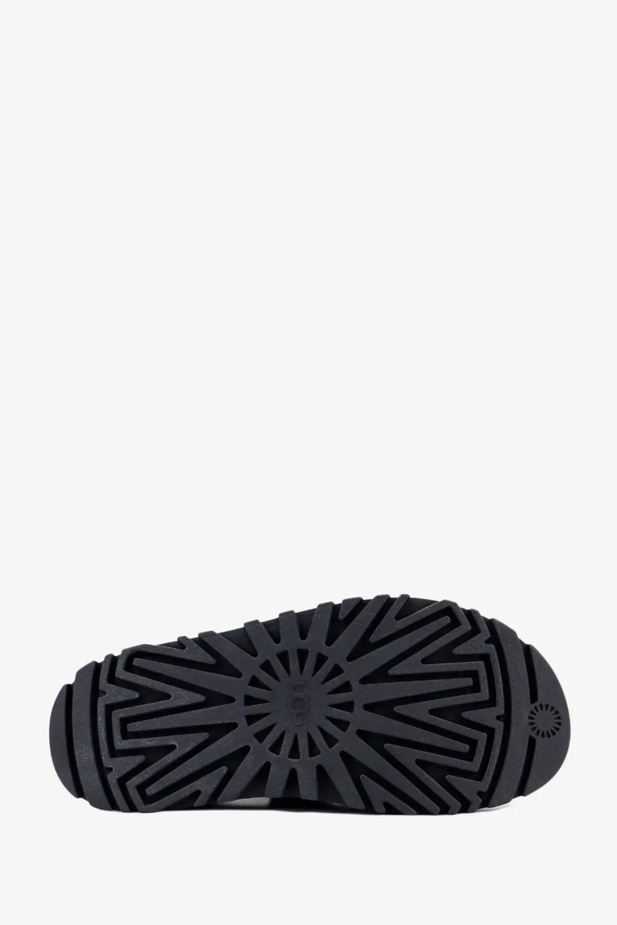 Ugg women’s black rubber sandals showing the back side with a distinctive radiating tread pattern and logo near heel