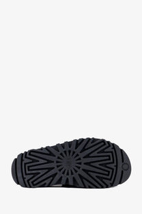 Ugg women’s black rubber sandals showing the back side with a distinctive radiating tread pattern and logo near heel
