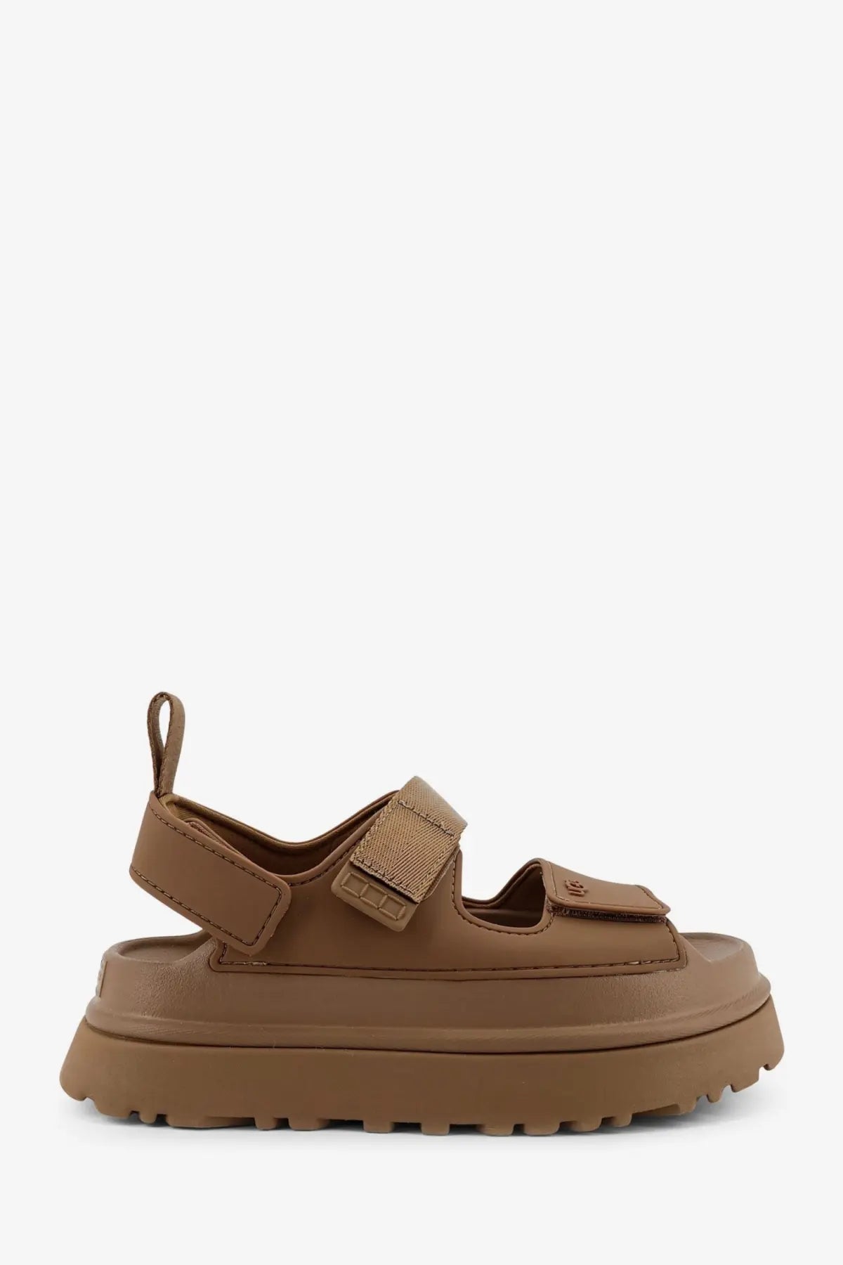 Ugg women’s brown rubber platform sandal with thick sole and adjustable velcro straps