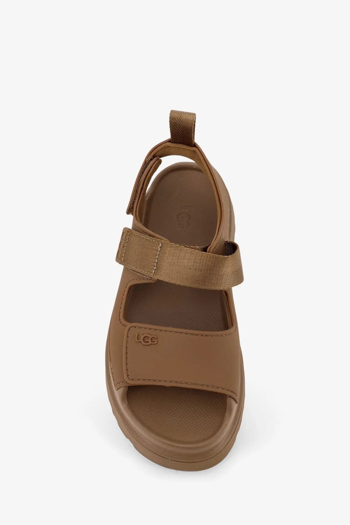 Ugg womens brown rubber sandal with tan adjustable straps and thick cushioned sole for comfortable wear