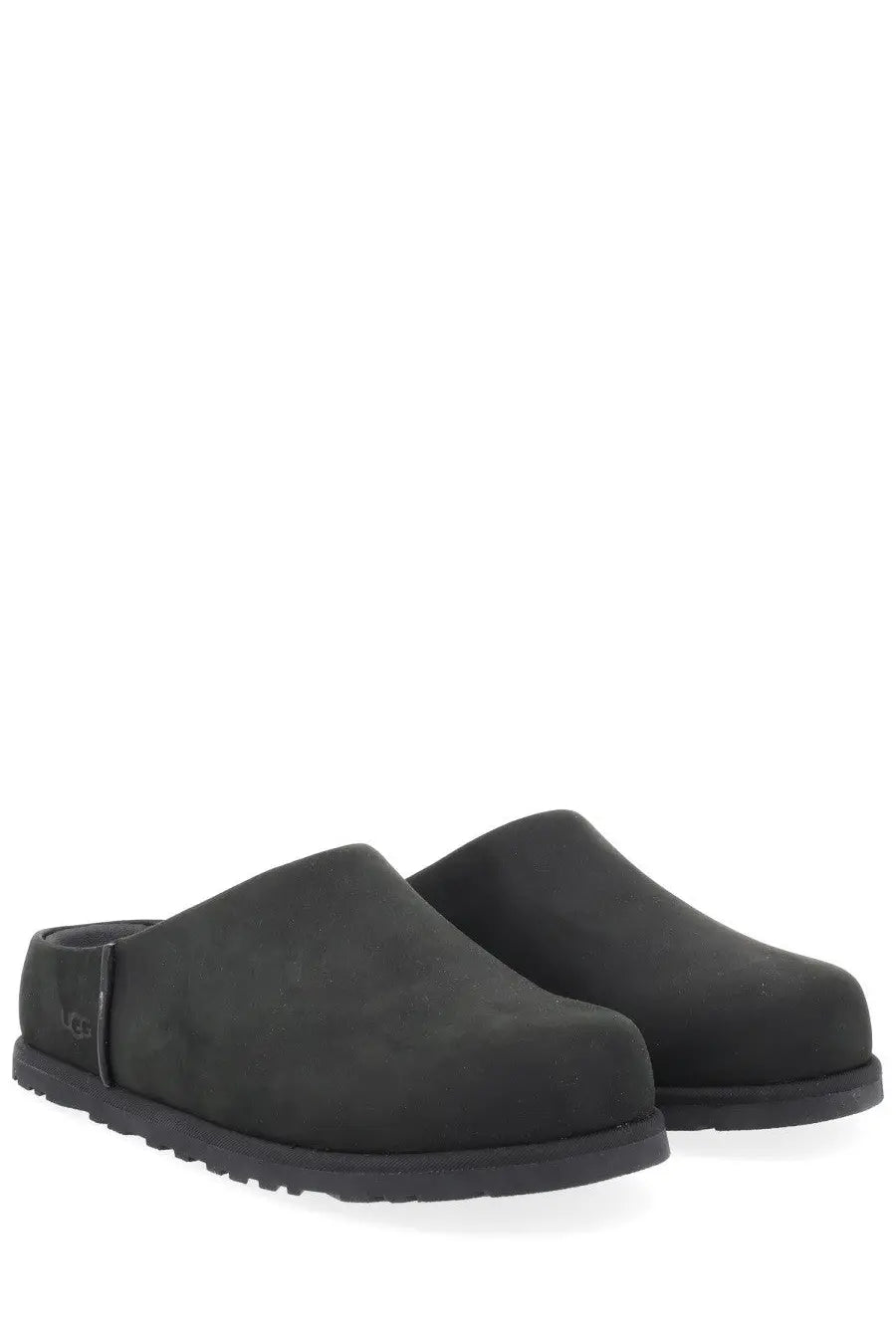 Ugg women’s sabot otzo black clog-style slip-on shoes with suede-like upper and rubber sole viewed from the back