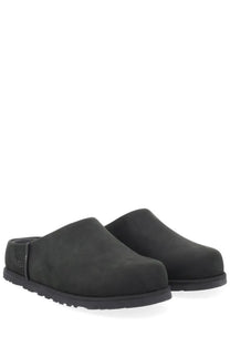 Ugg women’s sabot otzo black clog-style slip-on shoes with suede-like upper and rubber sole viewed from the back