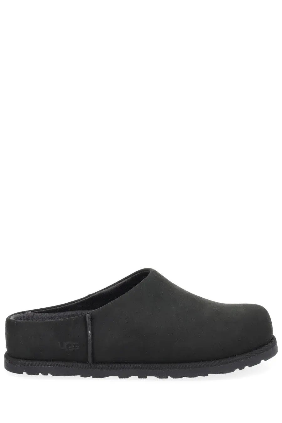 Ugg women’s sabot otzo black clog with black suede upper and rubber sole shown from the back side