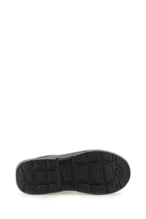 Back view of ugg women’s sabot tasman black with black rubber sole and textured blocky tread pattern