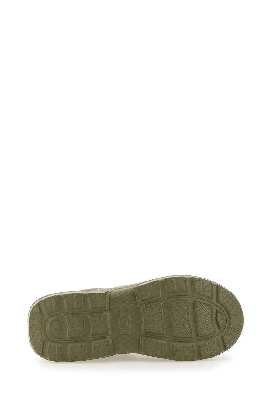 Olive green rubber sole with textured blocky tread and small logo embossed near heel of ugg women’s sabot tasman green