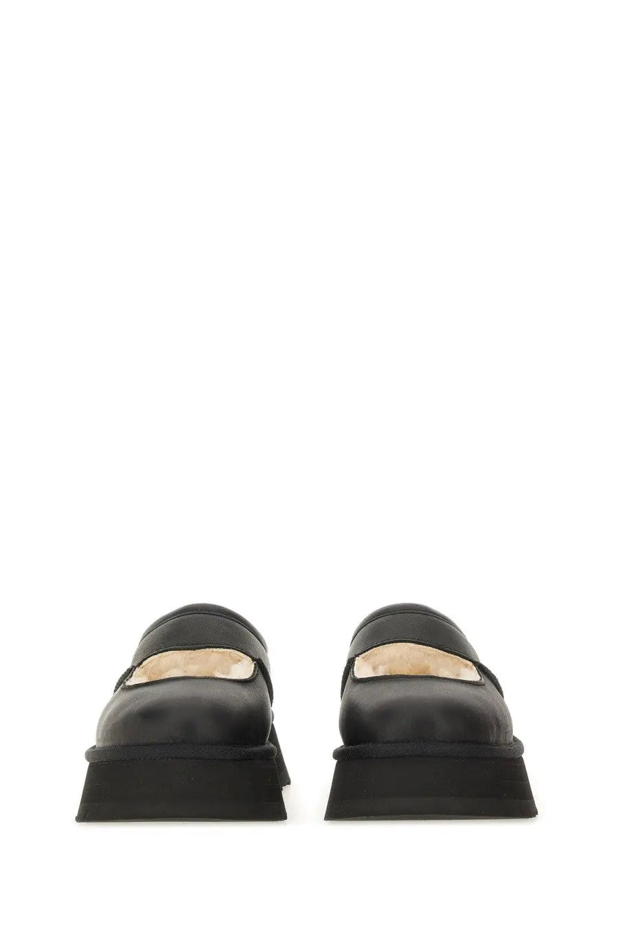 Ugg women’s sandal bea mary jane black leather loafers with thick platform sole and tan shearling lining