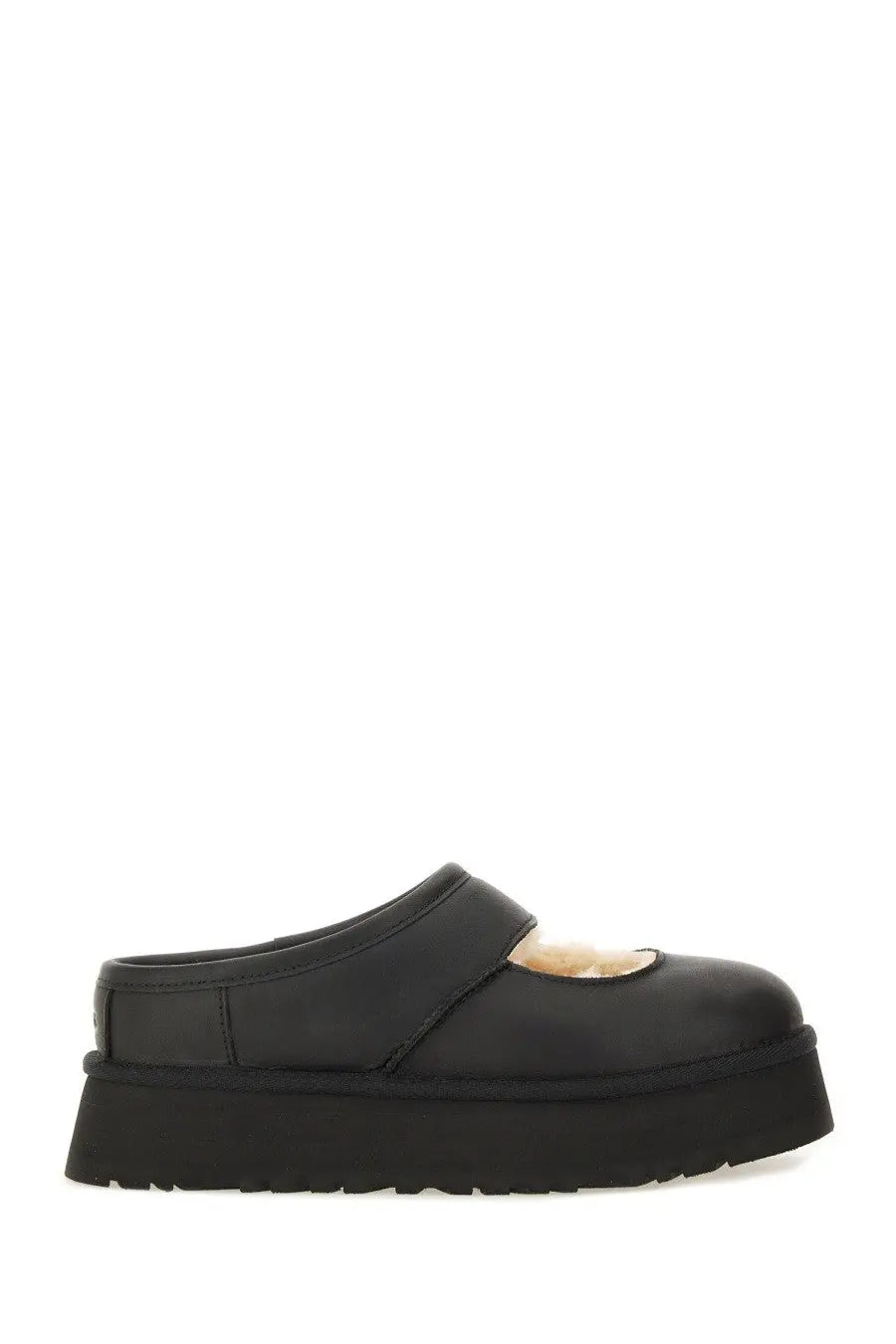 Ugg women’s sandal Bea Mary Jane black platform clog with soft light-colored shearling lining at the toe