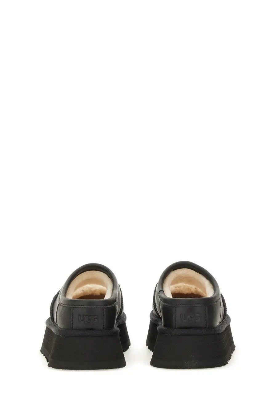 Ugg women’s sandal Bea Mary Jane black platform slip-on mules with plush beige lining and chunky rubber sole