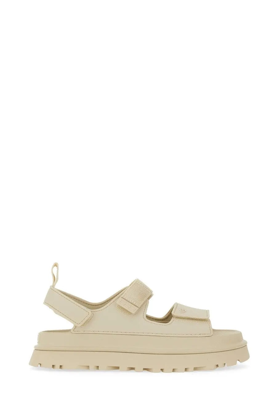Ugg women’s sandal goldenglow beige cream platform sandal with two adjustable velcro straps and chunky rubber sole