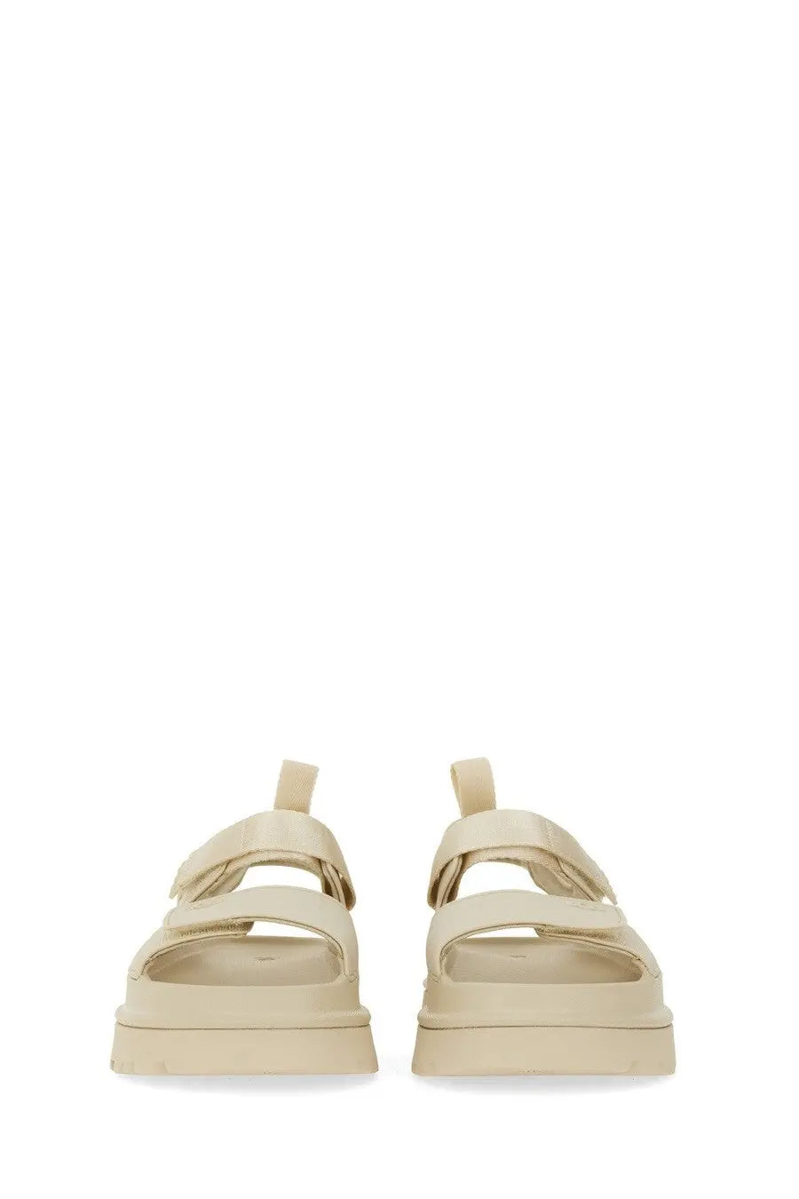 Ugg women’s goldenglow beige platform sandals with two wide velcro straps and minimalist design