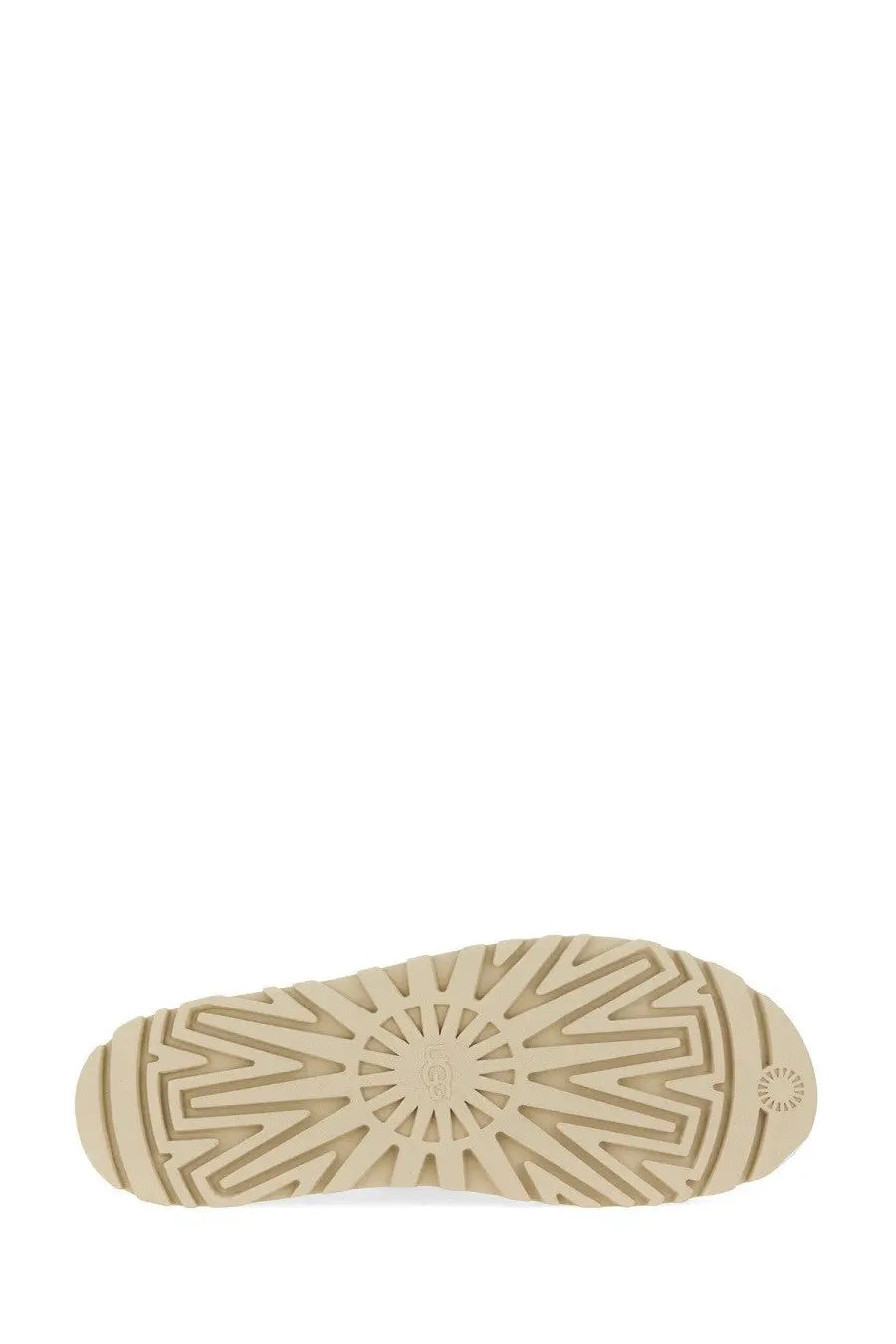 Beige rubber sole with sunburst tread and ugg logo embossed on the heel of ugg women’s sandal goldenglow beige back side