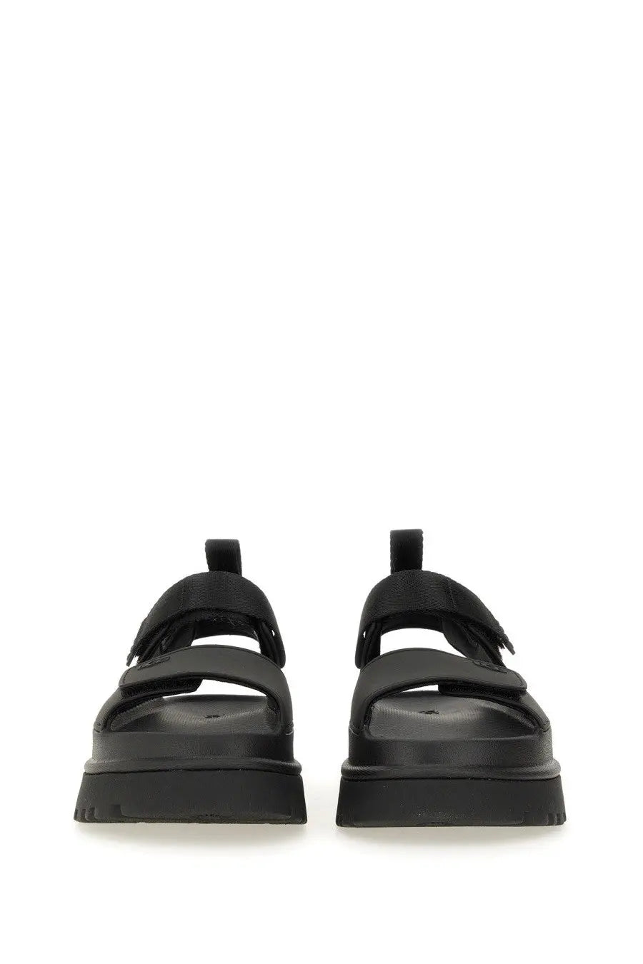 UGG women’s sandal Goldenglow black platform with two wide velcro straps and thick rubber sole