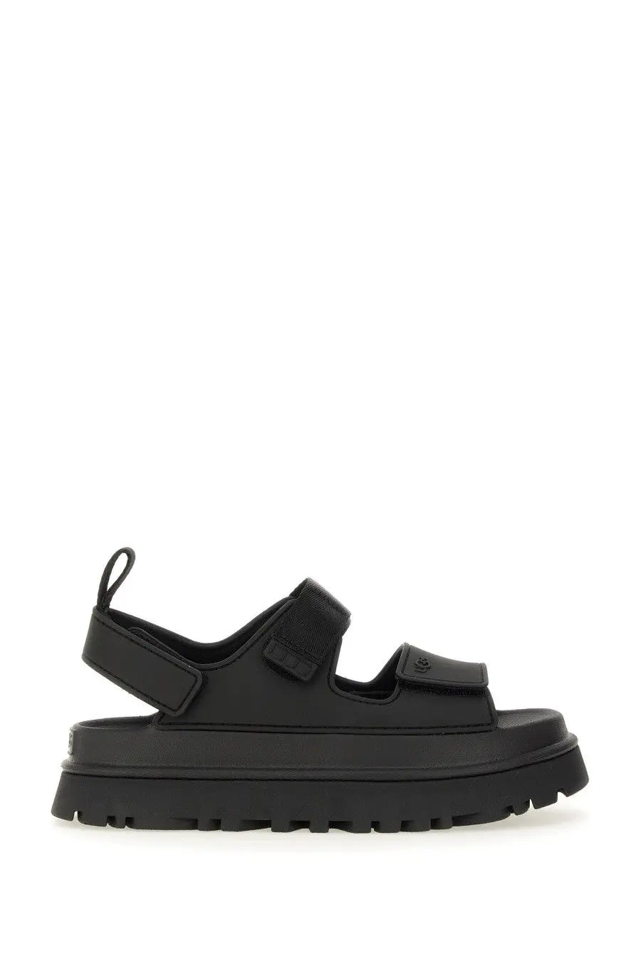 Ugg women’s sandal goldenglow black platform sandal with two velcro straps and thick textured sole front view