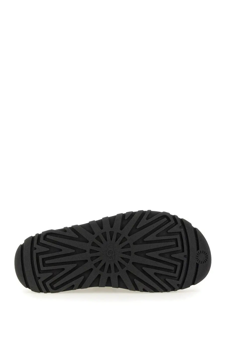 Back view of ugg women’s sandal goldenglow black with black rubber sole and radiating tread pattern embossed with ugg logo