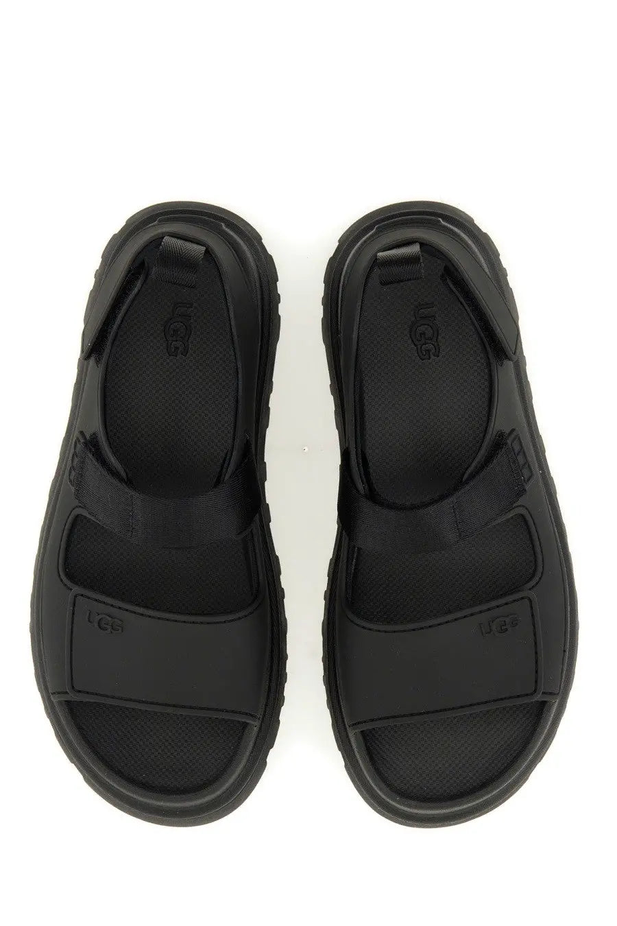 Ugg women’s sandal goldenglow black with thick rubber sole and adjustable black ugg straps for comfort