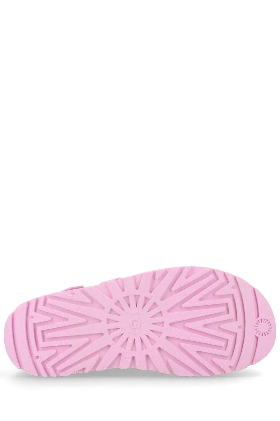 Back view of ugg women’s sandal goldenglow blue with pink rubber sole and radiating tread pattern embossed ugg logo