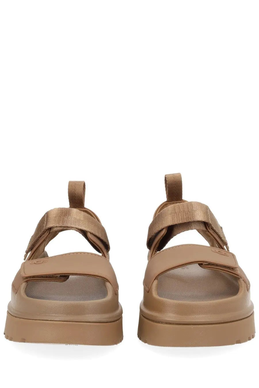 Ugg women’s sandal goldenglow brown featuring tan platform with wide straps and chunky sole in leather material
