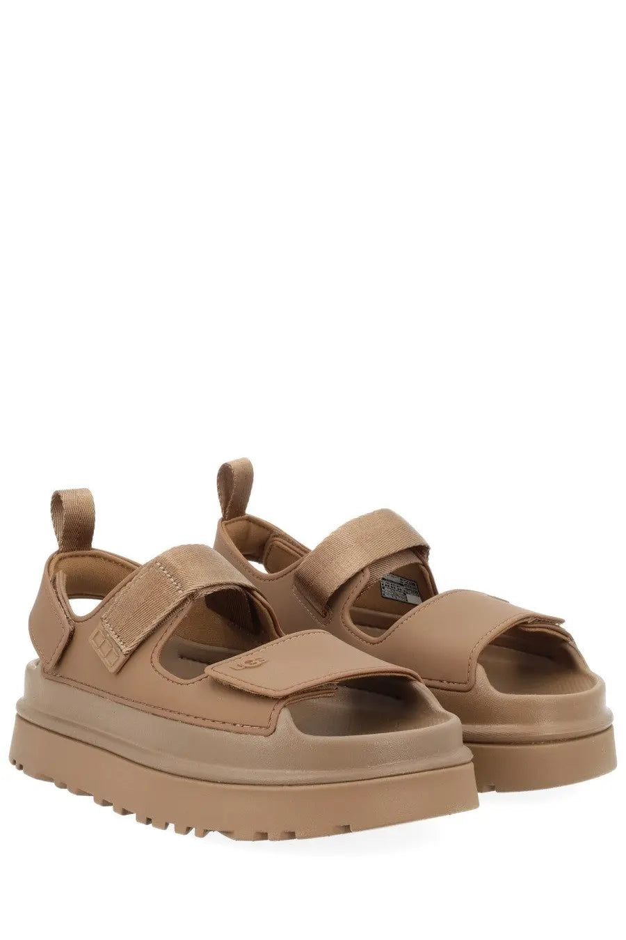 Ugg women’s sandal goldenglow brown tan platform sandals with wide velcro straps and chunky rubber sole