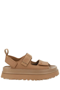 Ugg women’s sandal goldenglow brown tan platform with velcro straps and textured rubber sole visible from back side