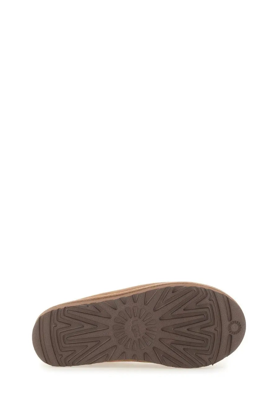 Back view of ugg women’s sandalwood tasman brown sandal showing brown rubber sole with geometric tread and ugg logo near heel