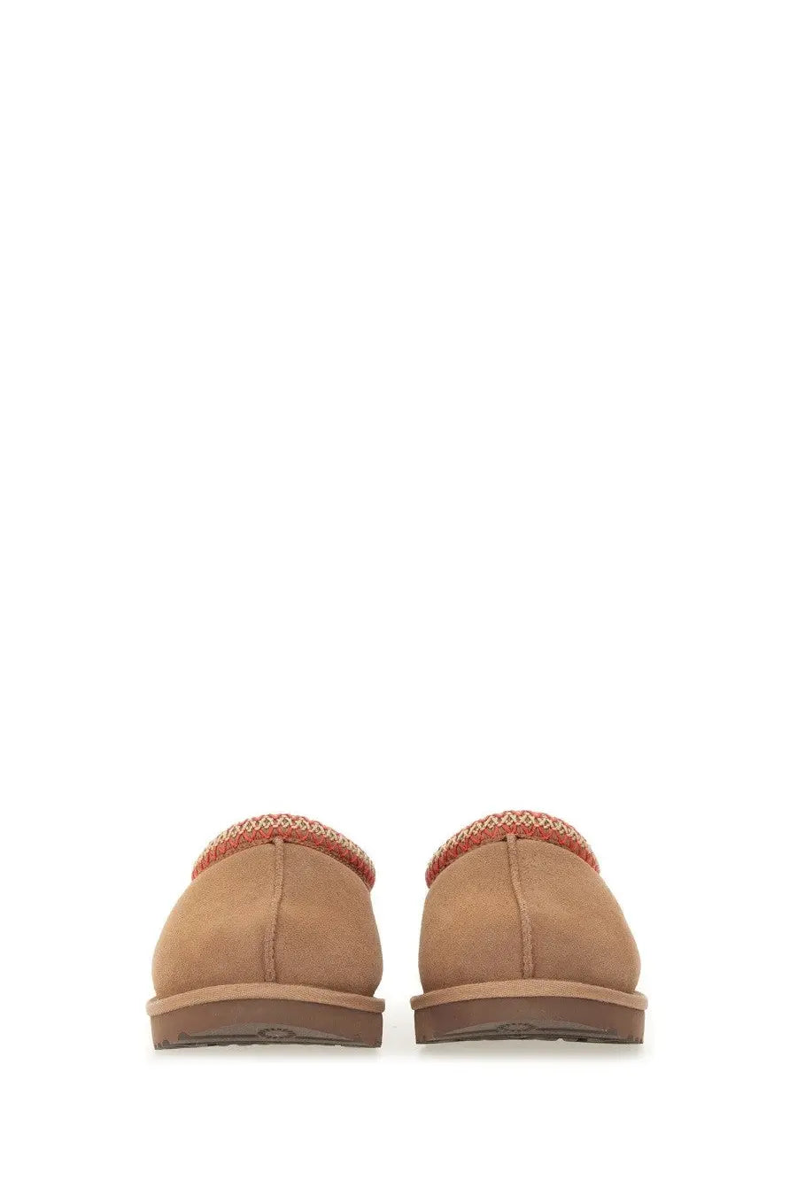 Ugg women’s sandalwood tasman brown tan suede moccasins with red and beige woven trim around the opening