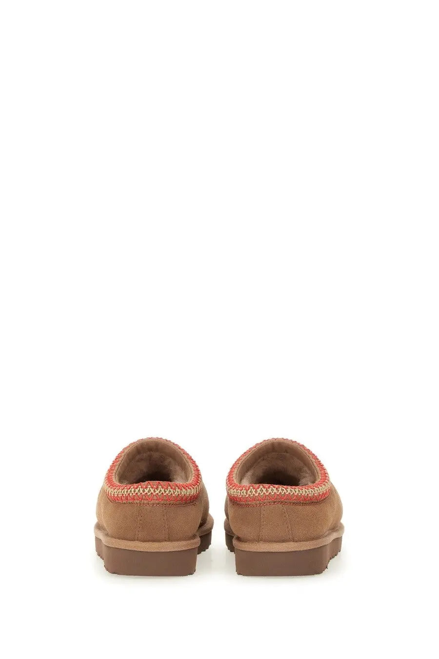 Ugg women’s sandalwood tasman brown tan suede slip-on mules with red and beige woven trim around the opening