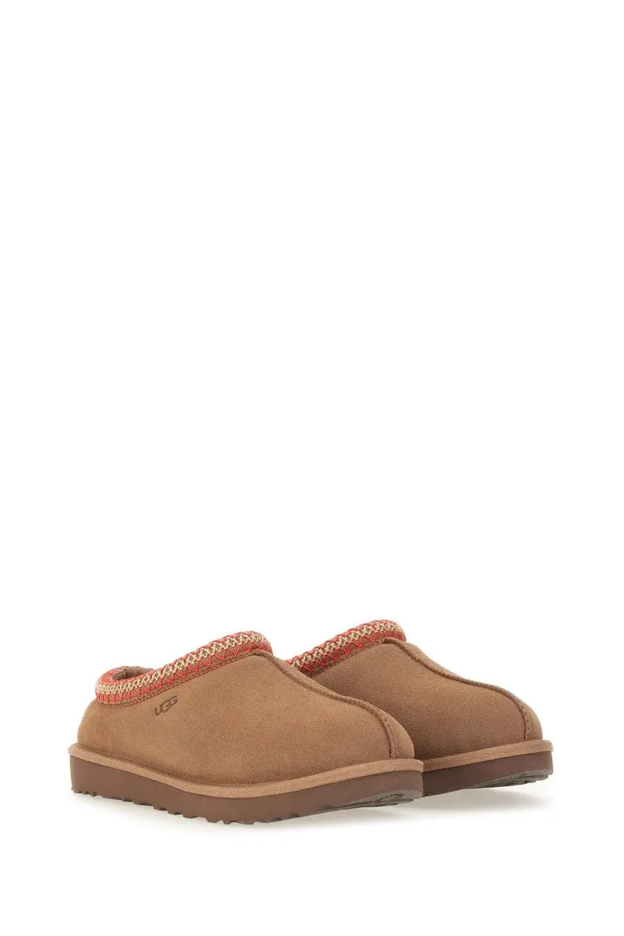 Ugg women’s sandalwood tasman brown tan suede slip-on mules with red knitted trim around the collar