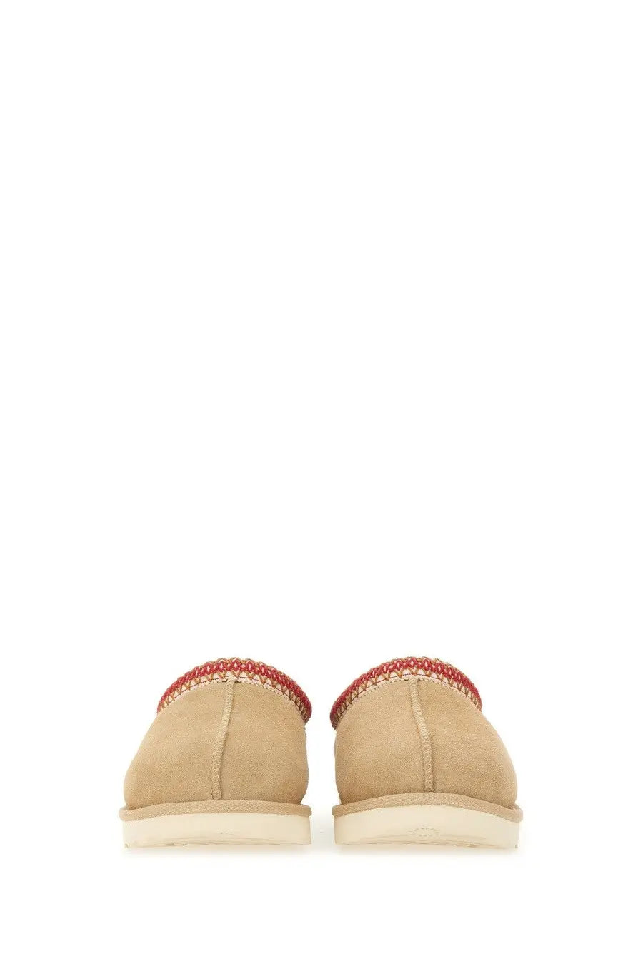 Ugg women’s sandalwood tasman white beige suede slip-on moccasins with red woven trim around the opening