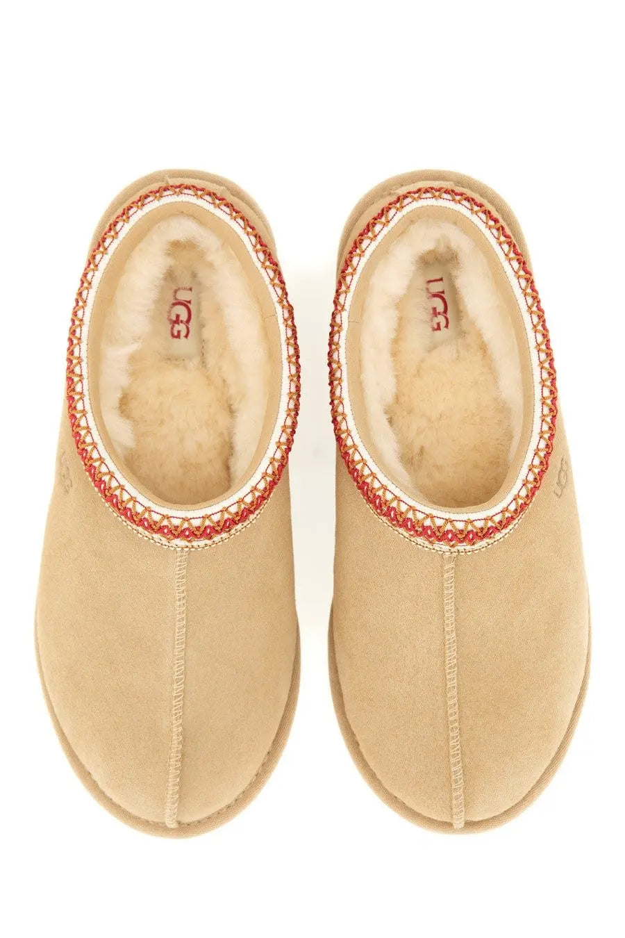 Ugg women’s sandalwood tasman white beige suede slip-on mules with red embroidered trim and plush shearling lining