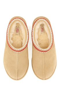 Ugg women’s sandalwood tasman white beige suede slip-on mules with red embroidered trim and plush shearling lining