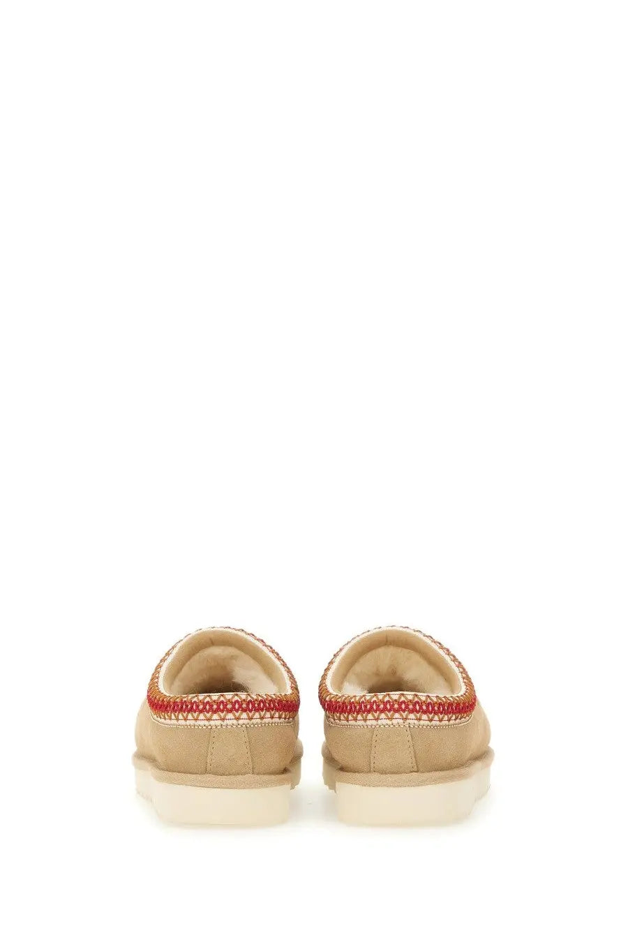 Ugg women’s sandalwood tasman white beige suede slip-on shoes with red woven trim along the collar
