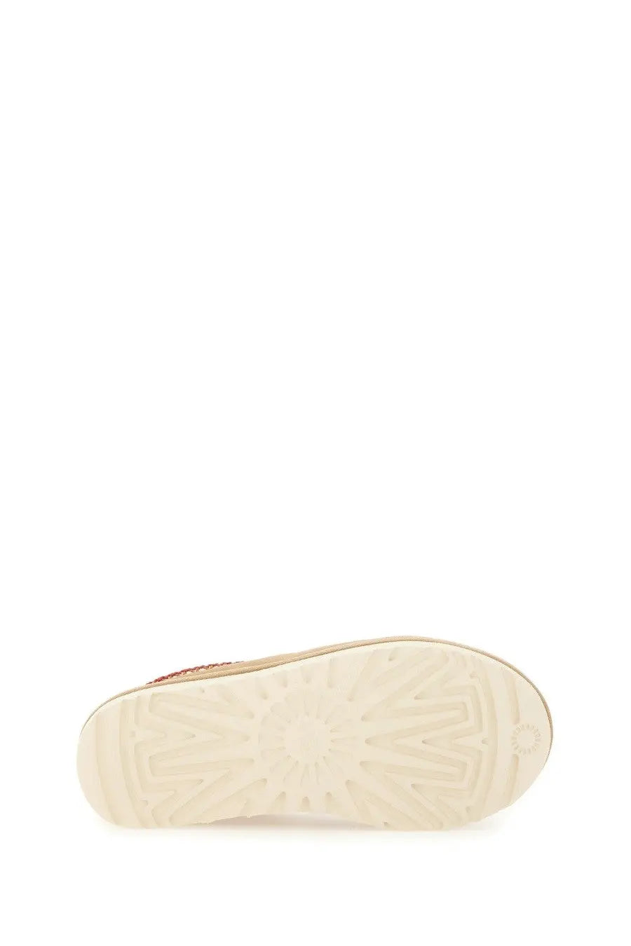 Cream-colored rubber sole with subtle texture and faint logo of ugg women’s sandalwood tasman white sandal back side