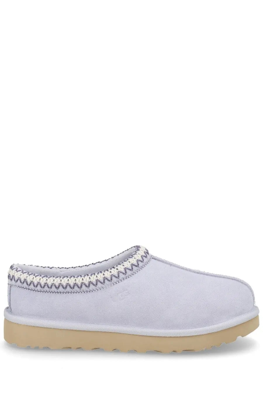 Ugg women’s shoe tasman white light gray suede slip-on mule with stitched trim and tan rubber sole