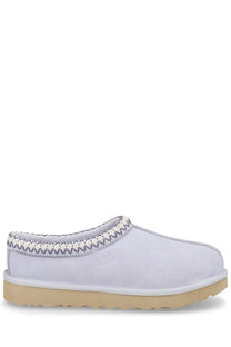 Ugg women’s shoe tasman white light gray suede slip-on mule with stitched trim and tan rubber sole